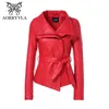 AORRYVLA nouveau printemps femmes veste en cuir couleur rouge col rabattu courte longueur mince Style mode Faux cuir veste 201226
