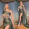 2022 Sexy Bling Crystal Mermaid Abendkleider tragen eine Schulter Illusion Major Beading High Side Split Long Sleeves Zipper Back Pageant Dresses Ballkleider