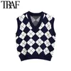 TRAF femmes mode angleterre Style Argyle motif tricoté gilet pull Vintage sans manches lâche femme gilet Chic haut 201123