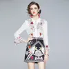 Boutique Ruffle Printed Girl Set Shirt+skirt Spring Autumn New Womens Two Piece Set High-end Flare Sleeve Lady Suits