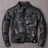 Gratis frakt.Vintage style mens cowhide kläder, kvalitet biker läderjacka, mode svart äkta läder coat.homme slim, lj201029