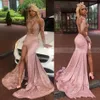 2021 Blush Pink New Bling Sexy Mermaid Sequins Evening Dresses Wear Sequined High Neck Long Sleeves High Split Formal Prom Dress Party Gowns