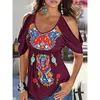 2022 Moda Damskie Topy Lato Floral Printing T Shirt Krótki rękaw Strappy Cold Ramię Hollow T-shirt Camisetas de Mujer