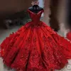 red ruffle quinceanera dresses long train