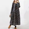 Yeni Kadın Elbiseler Sonbahar Kış Vintage Baskı Rahat Uzun Kollu Retro Pamuk Maxi Robe Tunik Çiçek Büyük Artı Boyutu Elbise 201028