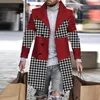 Men's Wool & Blends Retro Houndstooth Print Splicing Woolen Coat Men Casual Turn-down Collar Button Jacket Autumn Winter Pocket Long Windbre