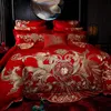 Yeni Kırmızı Lüks Altın Phoenix Loong Nakış Çin Düğün% 100% Pamuk Yatak Seti Nevresim Çarşaf Yatak Örtüsü Yastıklar T200706