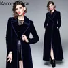 Femmes manteau hiver piste Designer femmes Vintage col cranté Wrap noir velours Maxi manteau épais chaud longue tranchée Outwear 201030