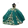 Hunter Green Princess Quinceanera Dresses Vestido De Baile Sweet 16 Vestido De Renda Dourada vestidos de 15 anos254b