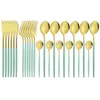 24pcs / set rostfritt stål guld dinnerware mint middag kniv gafflar kaffe sked bestick köksplattor silvervara 211228