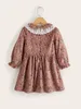 Toddler Girls Floral Print Lace Scallop Trim Flounce Sleeve Corduroy Dress SHE