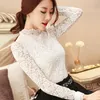 Mode grande taille dentelle au crochet évider haut col montant chemisier blanc femme douce à manches longues chemises Blusas 1695 220315