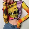 Boofeeaa Moda T Shirt Koszulki Graficzne Koszulki Kobiety Tye Dye Drukuj Patchwork Sheer Mesh Wysoka Neck Długie Rękaw Koszulki Streetwear C94-AZ15 Y200110