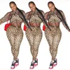 Plus Size Women Clothing Fashion Leopard Long Sleeve Crop Top Skinny 2 Piece Sets Women Designer Clothes2023Women Tracksuits