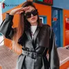 Gothique Black Trench Coat Femmes Automne Streetwear Faux Cuir PU Veste avec ceinture de bandage Dames Mode Moto Veste Outwear 201030