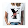 Camiseta con 26 letras del alfabeto, camiseta para mujer, camiseta para chica A Z, combinación de flores, camisetas informales de manga corta de estilo coreano, envío directo