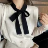 Gagarich Mulheres Camisola Elegante Coreano Coreano Outono Color Contrasting Lace-Up Bow Solto emagrecimento de Manga Longa Cardigans 201288