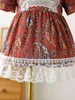 Baby Paisley Print Contrast Lace Puff Sleeve Ruffle Trim Bow Dress She