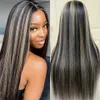 24/32 Inch Grey Long Highlight Human Hair Wig Ombre Transparent HD Lace Front Wig 13x4 Curly Hair Women's Natural Hairline Fake Precut