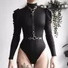 Kvinnor Sexig Casual Stain Turtleneck Long Puff Sleeve Bodysuit Topps Black Ribbed Female Fashion Party Short Romper 220226