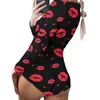 Sexy saint valentin combinaison courte femmes 2023 nouvelles barboteuses imprimées à manches longues maison pyjamas profond col en V discothèque serré body