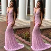 Pink 2022 Long Mermaid Sexy Backless Prom Dresses with V Neck Full Lace Dress Party Gowns