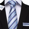 Hi-Tie Cravatte da uomo a righe azzurre Cravatte da uomo Hanky Set di cravatte di seta per uomo Cravatta da uomo d'affari da festa di nozze Set da uomo