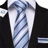 Hi-Tie Light Blue Striped Mens Ties Hanky Cufflinks Set Silk Neck Ties For Men Wedding Party Business Tie Men Set