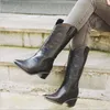 Noir Western Cowboy Bottes Pour Femmes Talons Hauts Dames Automne Hiver Longues Chaussures Large Mollet Bottes Super Taille 201116