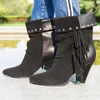 Laarzen vrouwen mode winter hoge hakken vrouw herfst suede franje enkel kwast casual lederen schoenen cowboy1