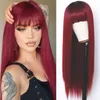 Red Wigs Full Neat Bangs Long Silky Straight Wig Heat Resistant Synthetic Fiber Hair Dark Roots Ombre Color Glueless Full Machine Made