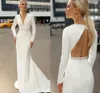 Elegant Classic Mermaid Wedding Dress V Neck Backless Full Sleeve Golvlängd Draped Sequined 2021 Simple Bridal Gowns