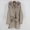 OFTBUY New Oversize Loose Cashmere Wool Blends Real Fur Coat Winter Jacket Women Natural Fox Fur Collar Hood Outerwear Belt