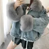 NEW winter velvet thick denim jacket female big fur collar Korean locomotive lamb coat female student short coat XXXL 4XL T200212