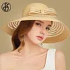 FS Women Straw Hat With Big Bow White Black Wide Brim Floppy Foldable Beach Hats Female Ladies Spring Summer Visor Sun Caps Y200602