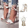 Europe And America WOMEN'S Shoes Lotus Leaf Lace-up Women's Bandage Cloth High-Heel Thin Heeled Sandals 0928