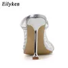 Slippers Eilyken Fashion Women Snake Print Peep Toe Stilettos Heels Summer Hollow Breathable Mesh Color Diamond Party Shoes220308