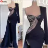 NEW! Black Mermaid Evening Dresses Single One Shoulder Long Sleeves 2022 Illusion Beading Prom Gowns High Slit Crystal Formal Lady Party Dress