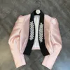 New design women's fashion v-neck puff long sleeve pink color satin fabric rhinestone flower patched luxury short jacket coat SML
