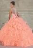 ثوب الكرة فستان quinceanera رائع الأشرطة مطرز الحبيب العضوية طبقة المرجان فتاة النعناع فتاة 16 فستان في الأسهم 2049