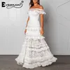 Everkaki White Maxi Vestidos Mulheres Casamento Off ombro de babados elegantes damas boho