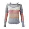 여성용 스웨터 섹시한 여성 긴 소매 콜드 어깨 니트 스웨터 스트라이프 풀오버 2021 ColorBlock Strapless Sleeved