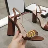 Classic High heeled sandals party 100% leather women Dance shoe designer sexy heels 10cm Suede Lady Metal Belt buckle Thick Heel Woman shoes Large size 34-41-42 With box