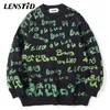 LENSTID Men Hip Hop Knitted Jumper Sweaters Letter Full Print Streetwear Harajuku Autumn Oversize Casual Fashion Pullovers 211221