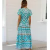 Hipis 2020 Sexy Drukowane Lato Maxi Dress Deep V Neck Krótki Rękaw Vintage Vestido Beach Boho Casual Odzież Długie Kobiety Dresses1