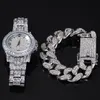 Hip Hop Bling Chain Cuban Link Oro Plata Reloj Collar Pulsera Conjunto Joyas Hombres Iced Out Diamond Miami