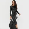 PU Leather Sexy Bodycon Sukienka Sashes Sheath Slim Long Sleeve Winter Bandain Dress Elegant New Fashion Party Night Club 220310