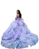 Charro Lavendel Lilac Quinceanera Klänningar från axeln Sequine Lace-up Corset Applique Prom-kappor Sweep Train Tulle Sweet 16 Dress