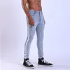 Super singleroad magere mannen Nieuwe Biker Blue Stretch denim broek mannelijke slanke fit heren jeans met zijstrepen merk man 201111 s