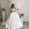Modest Ivory Satin Ball Gown Wedding Dresses Sheer Neck With Long Sleeves Lace Appliqued Bridal Gowns Court Train Arabic Aso Ebi Plus Size Vestidos De Novia AL7649